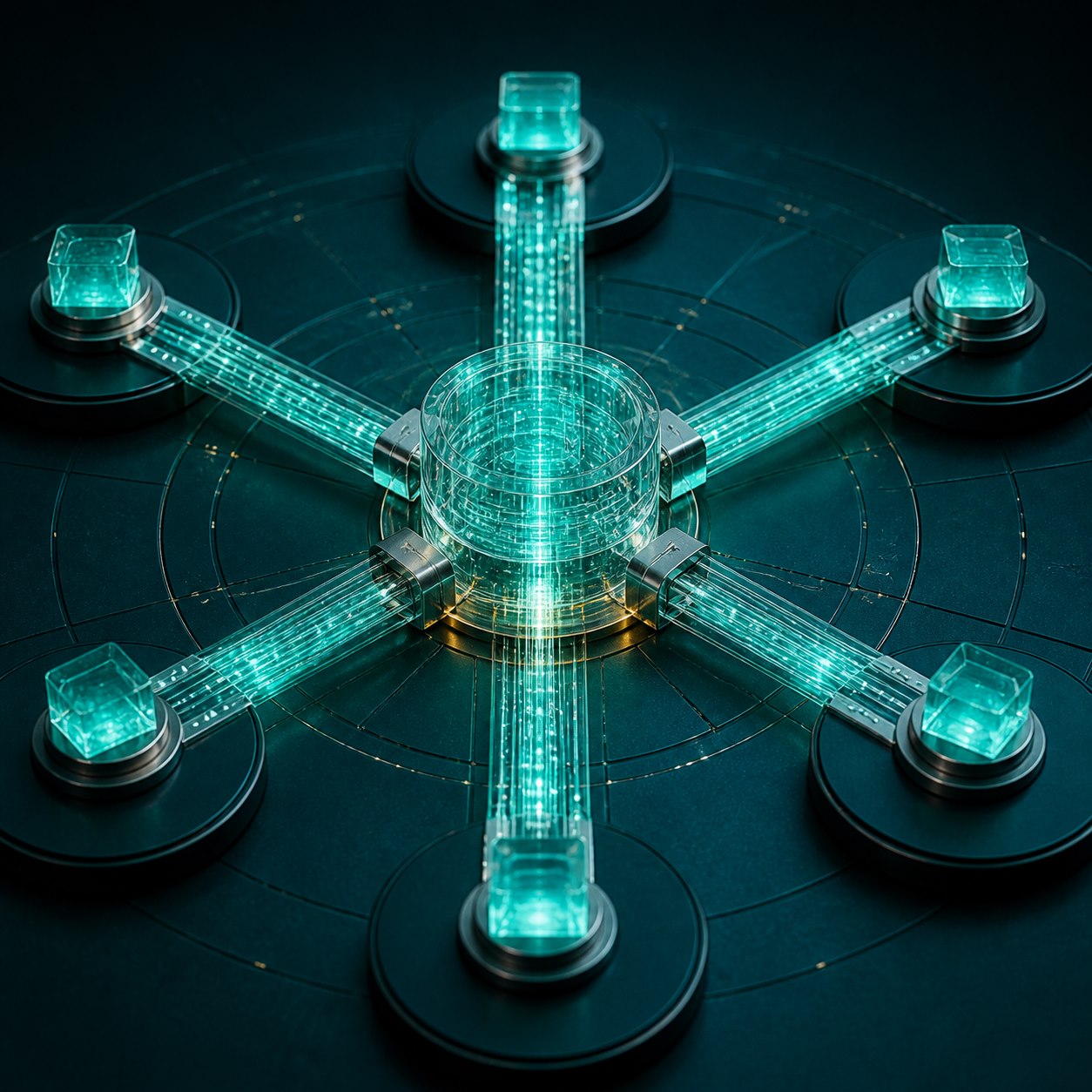 Cinq flux spécialisés convergent vers une mémoire centrale partagée.